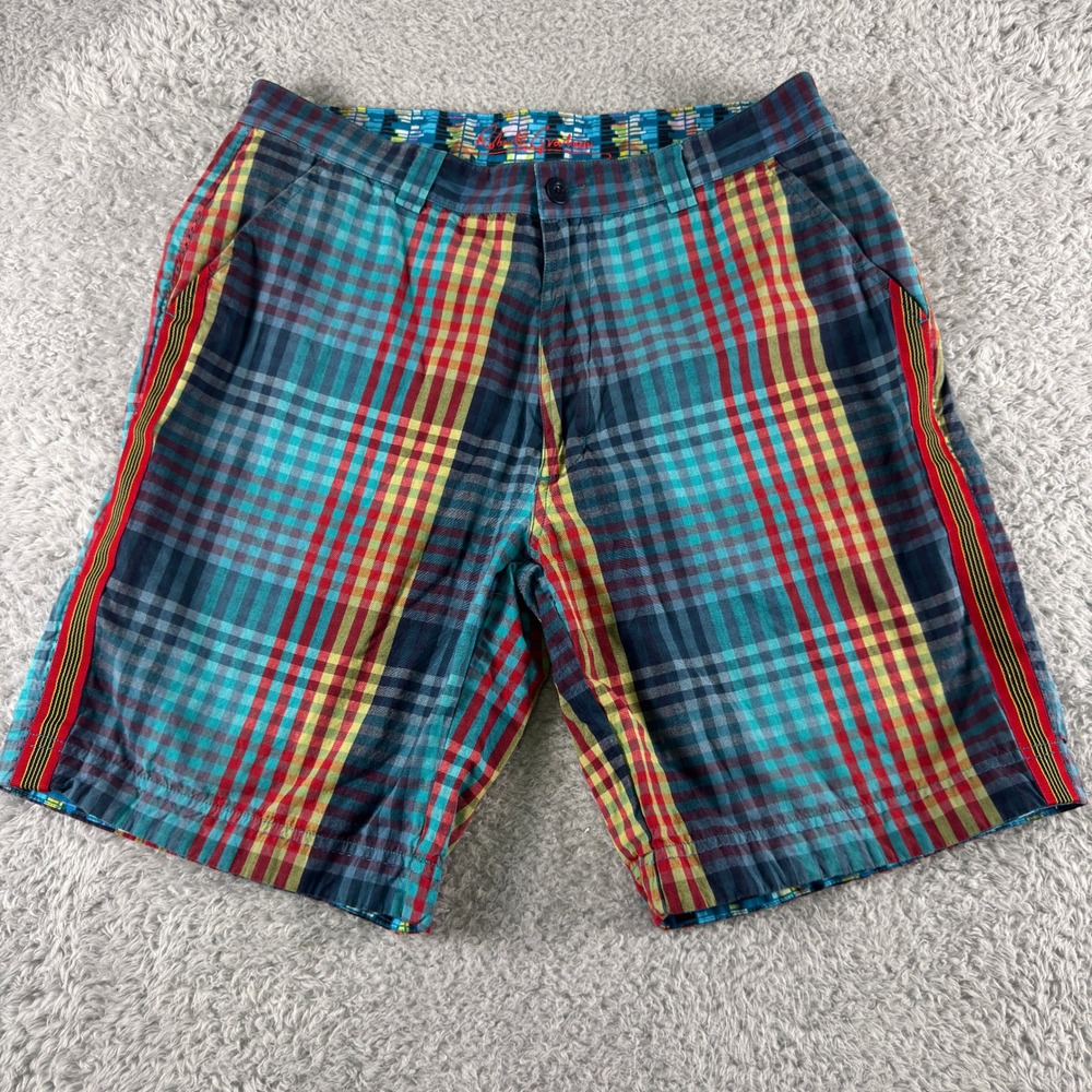 Robert Graham Mens Plaid Shorts Size 34 Multi Color Side Stripe Cotton Casual